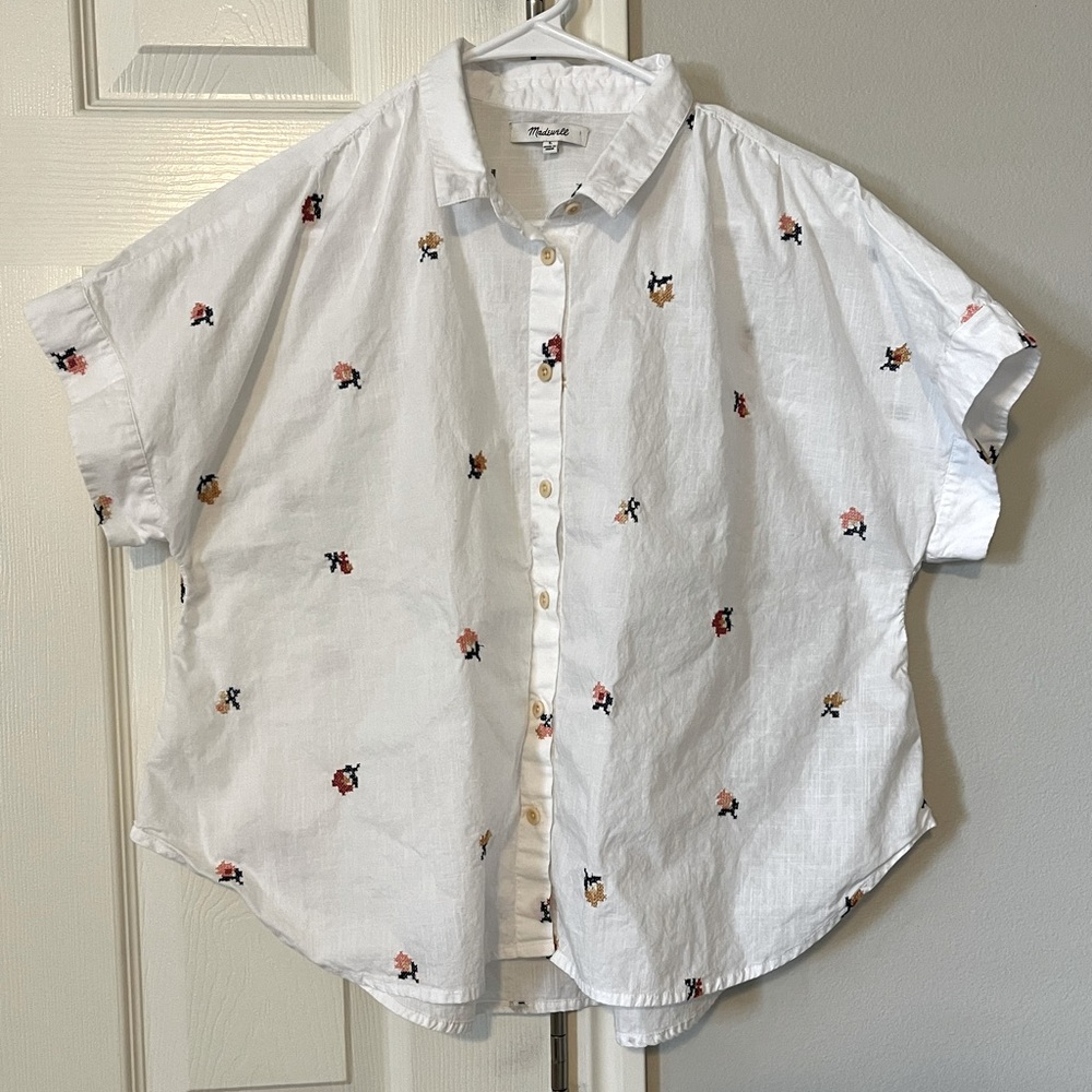 Madewell Women's V Neck Shirt in Cross Stitch Floral White Size Large